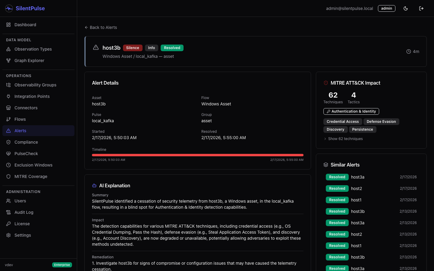 Alert detail page with AI explanation - summary, impact, and remediation generated from alert context
