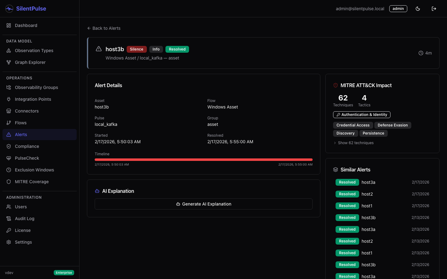 Alert detail page - two-column layout with context, AI explanation, MITRE impact, and similar alerts