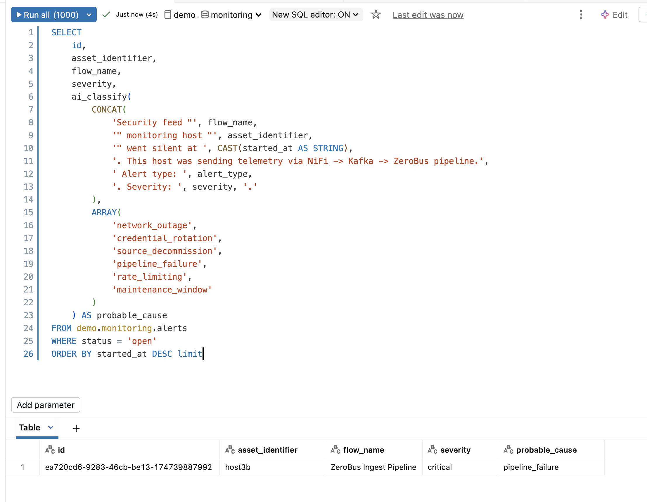 ai_classify identifying pipeline_failure as the root cause for a silent host