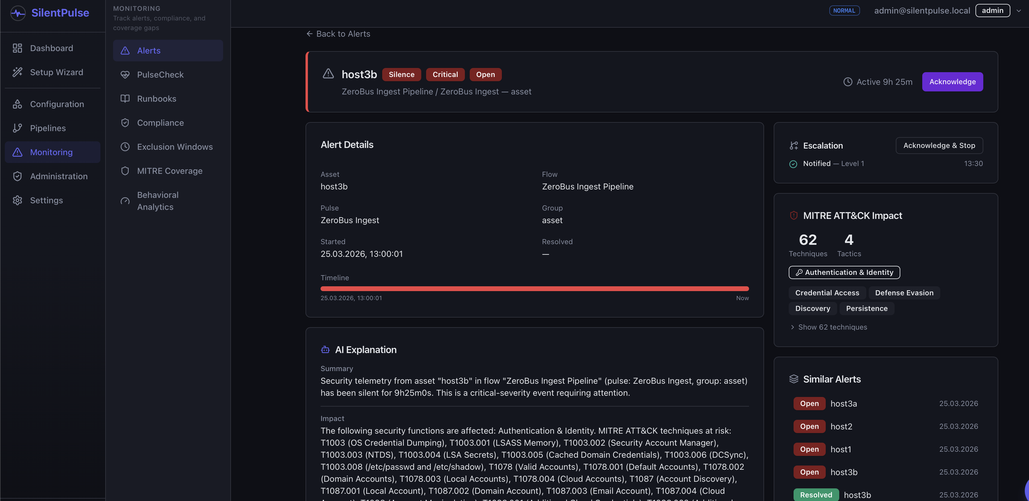 SilentPulse alert detail with MITRE ATT&CK impact analysis