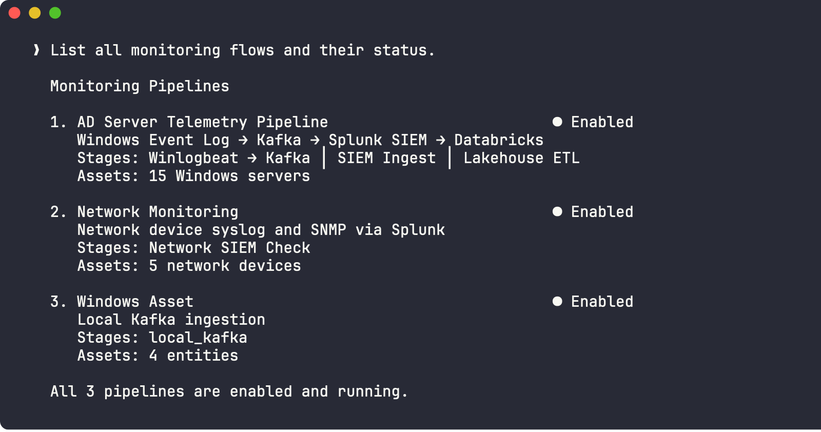 Three monitoring pipelines - all enabled, AD Telemetry with 3 stages
