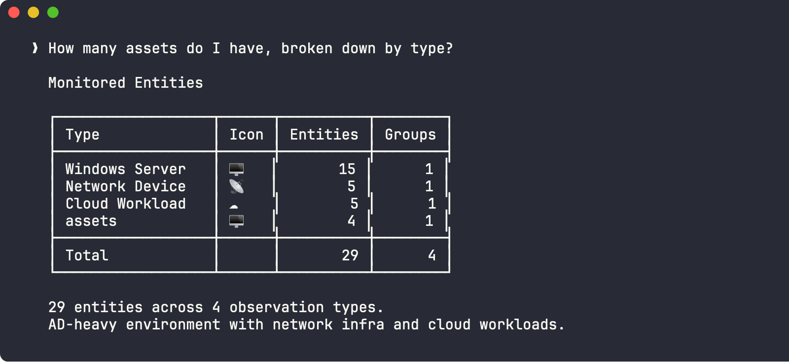 29 entities across 4 observation types - Windows Servers, Network Devices, Cloud Workloads