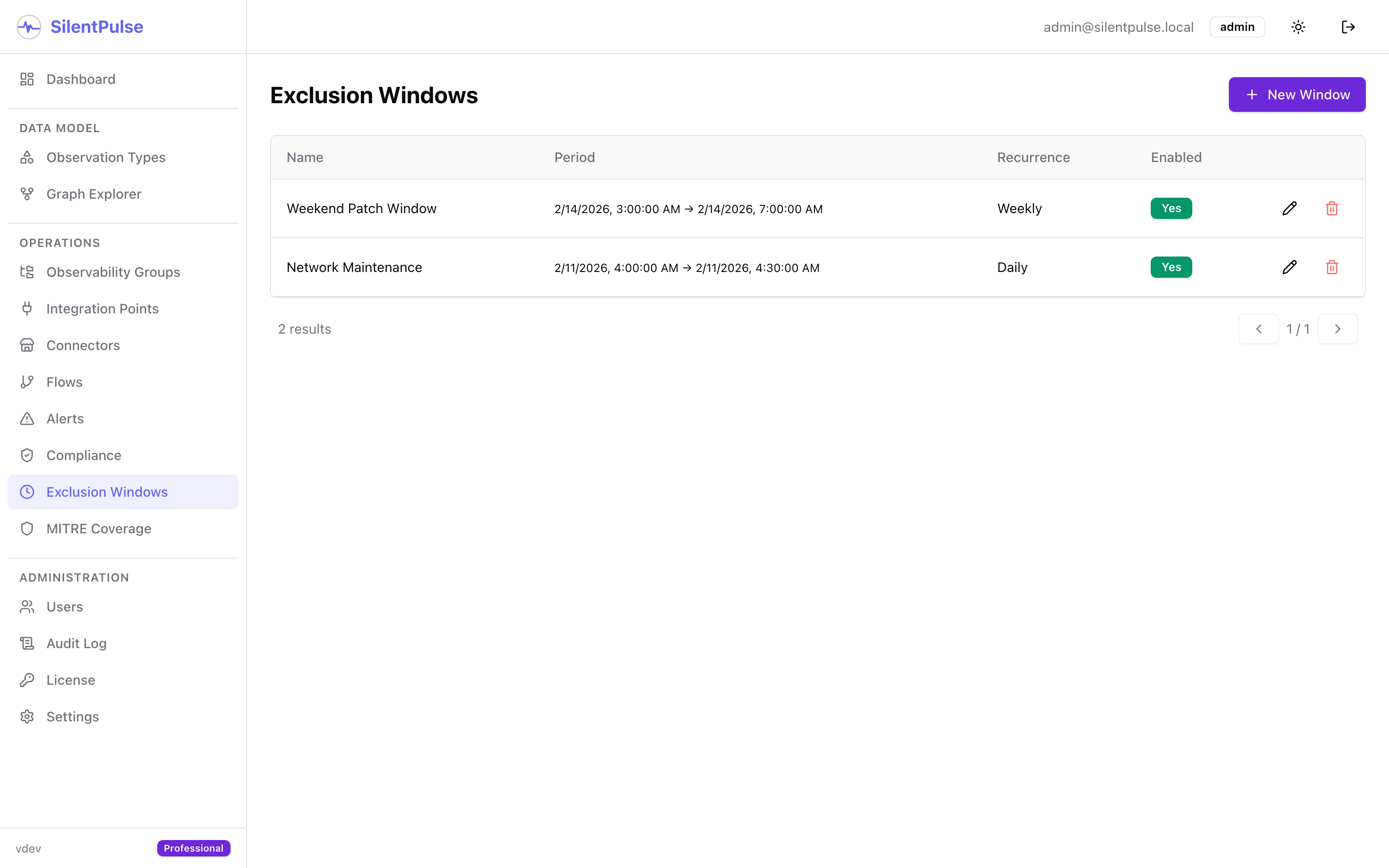 Exclusion Windows - scheduled maintenance windows with daily and weekly recurrence