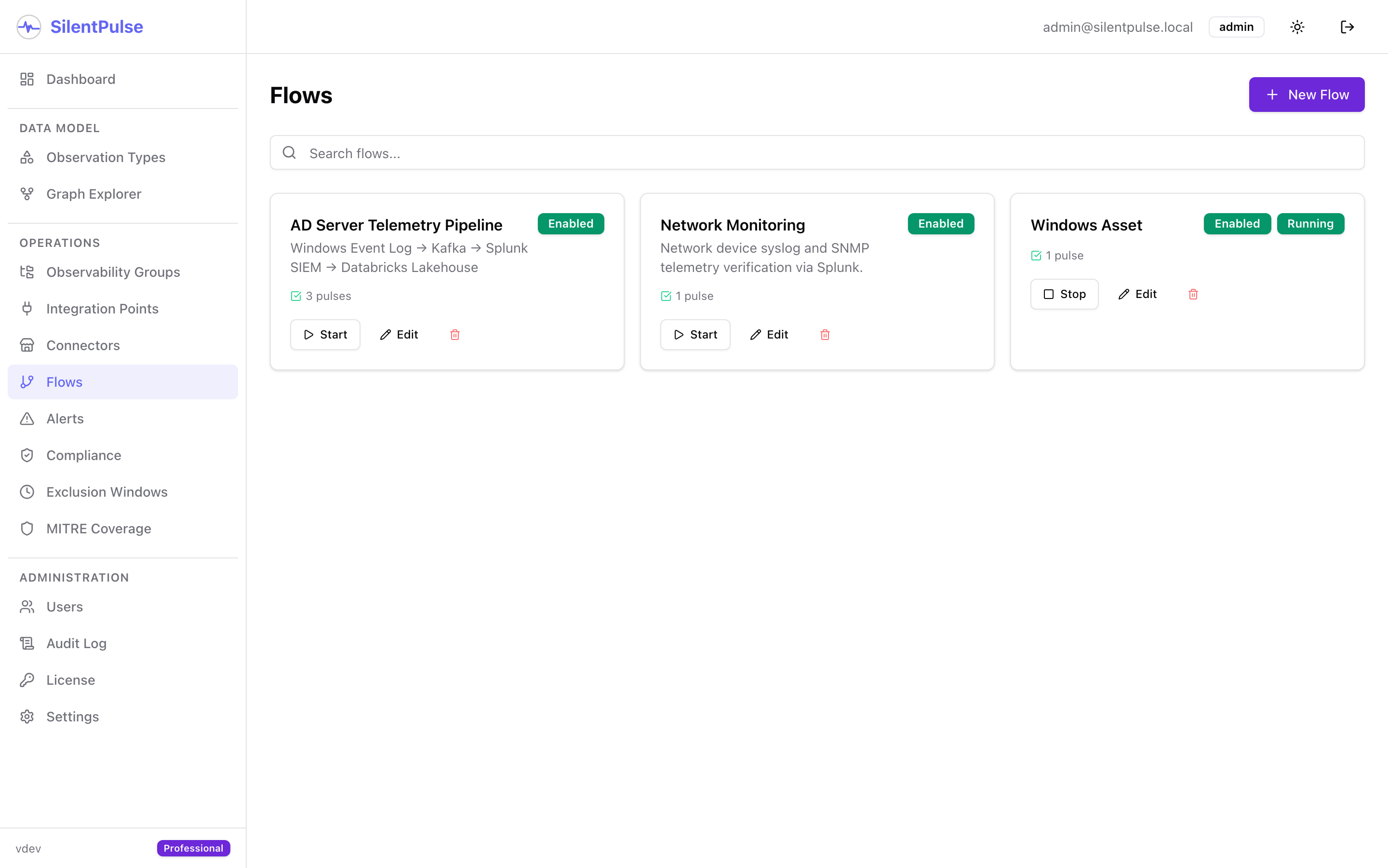 Monitoring Flows - two flow cards showing the AD pipeline and network monitoring