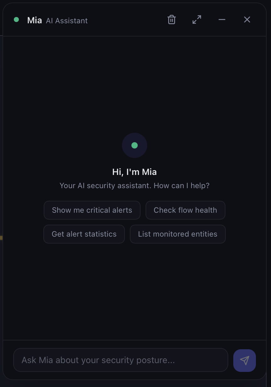 Mia welcome screen with suggested prompts